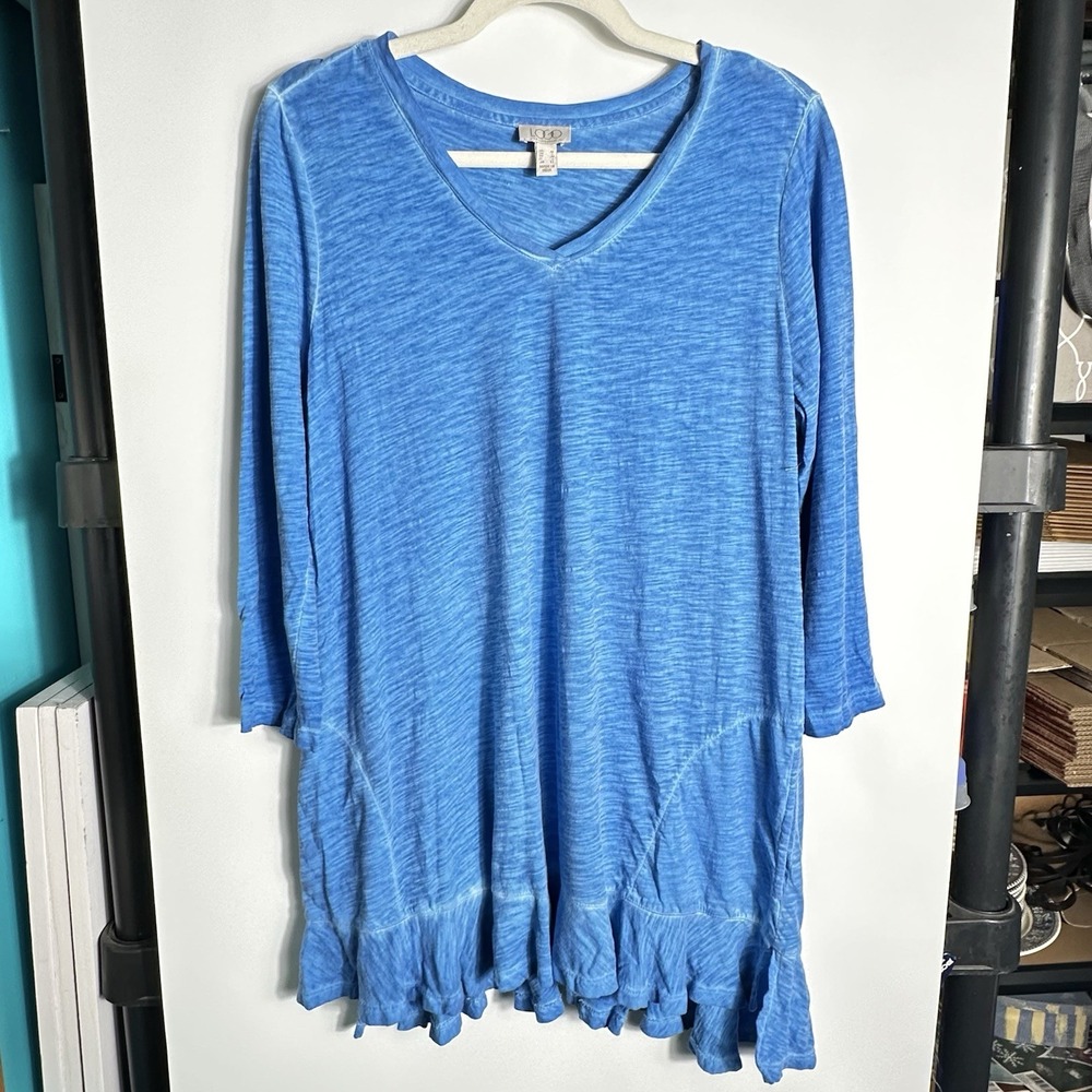 LOGO Lori Goldstein Blue Ruffle Hem Tunic Top Womens Sz M 3/4 Sleeve Pockets VGC